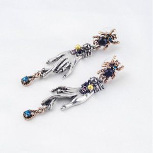 3x Boho Spider Drop Hand Silver CZ Earrings